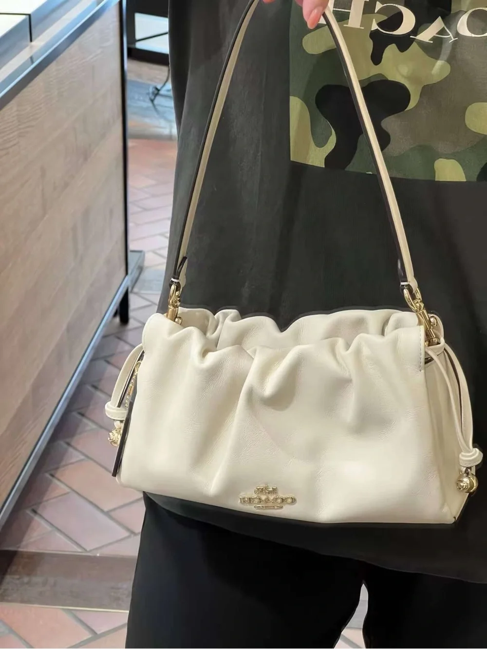 Coach Cream Leather Shoulder Bag with Gold Hardware